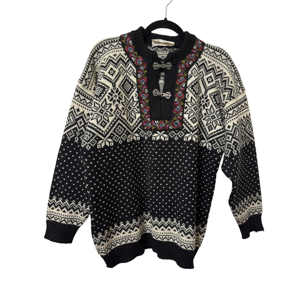 Nordic Tradition by Devold Wool Sweater Black Fair Isle Clasp Made in Norway M